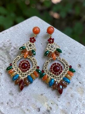 Gold Chandelier Earrings with Multi Colored Acrylic Stones